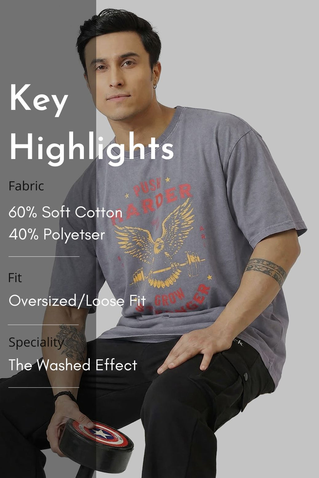 Push Harder Washed Oversized T-shirt Light Grey