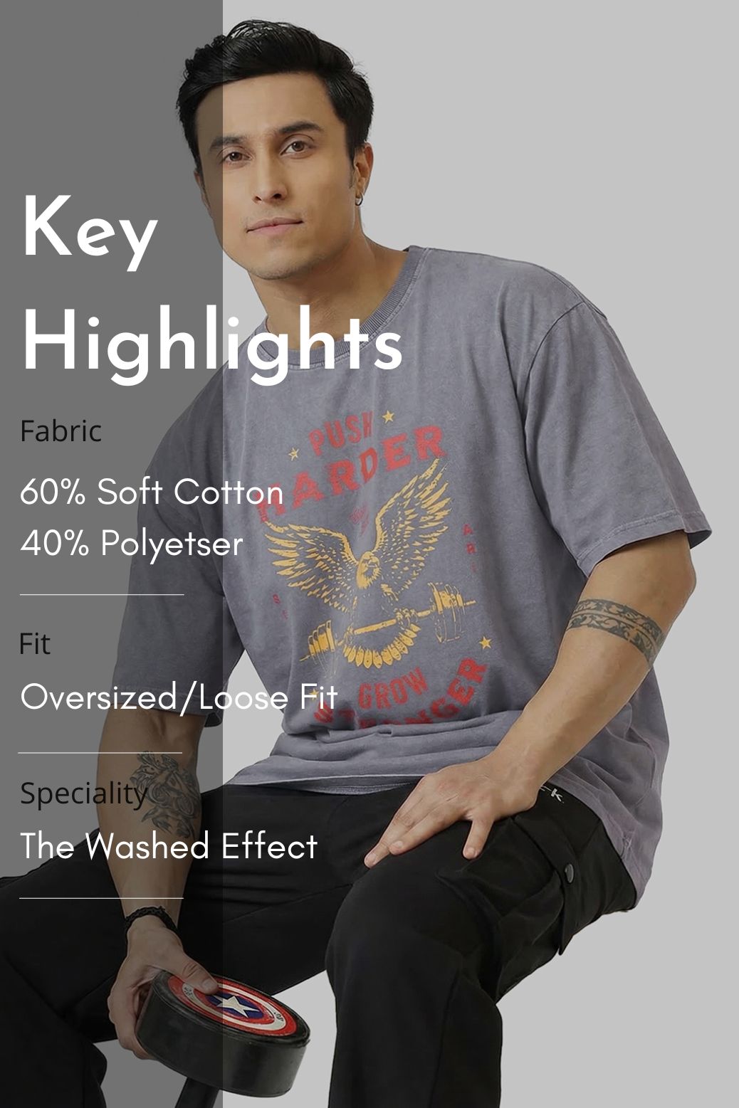Push Harder Washed Oversized T-shirt Light Grey