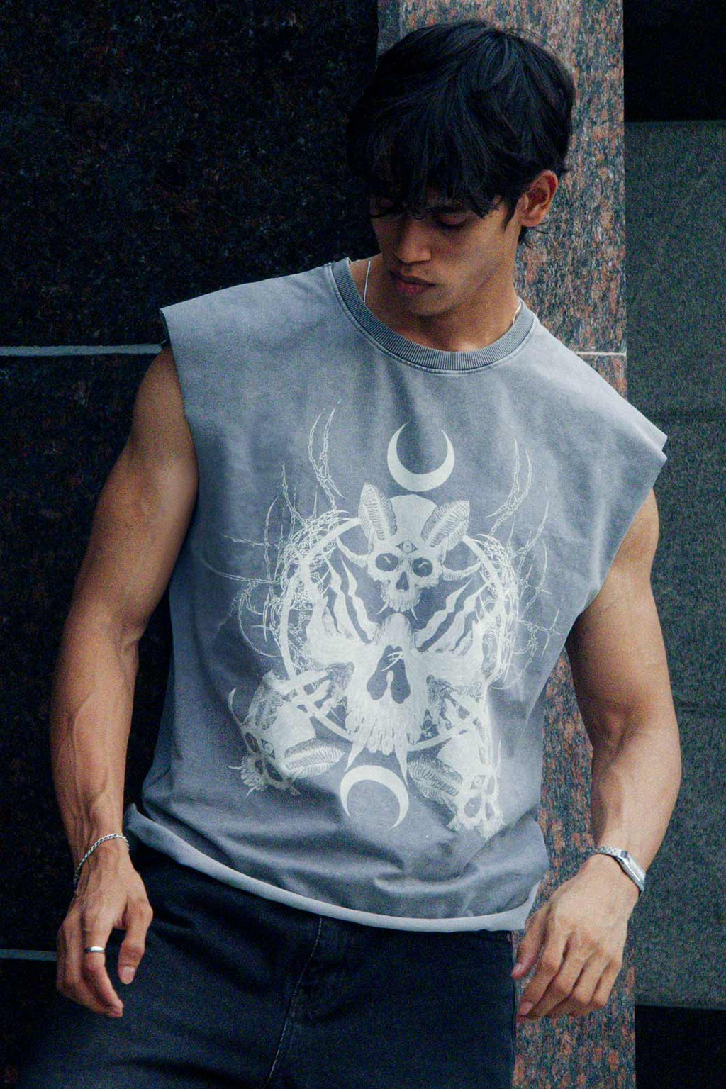 Restricted Washed Capsleeve Tank Light Grey