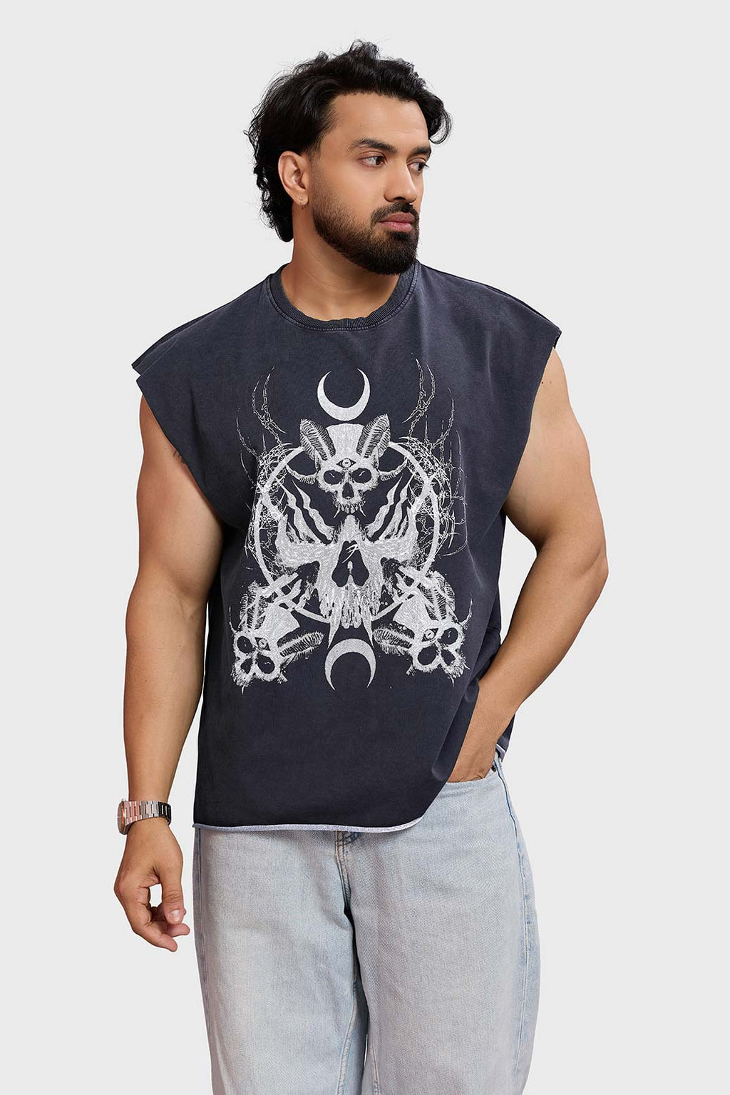 Restricted Washed Capsleeve Tank Dark Grey
