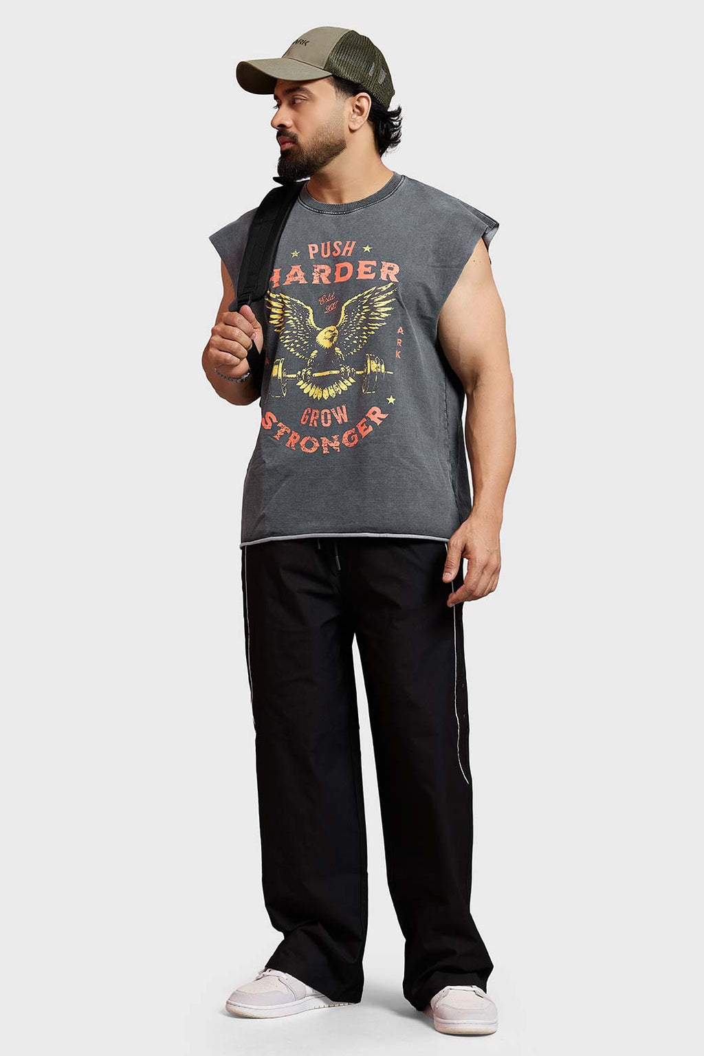 Push Harder Washed Capsleeves Tank Dark Grey
